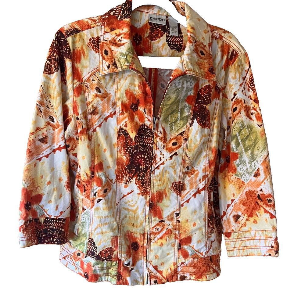 Chico's Women's Size 2 Stretch ZipUp Denim Jacket Earthtones Orange Autumn EUC M